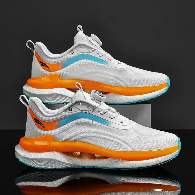 Men's sneakers pair with white mesh upper, orange midsole and turquoise outsole