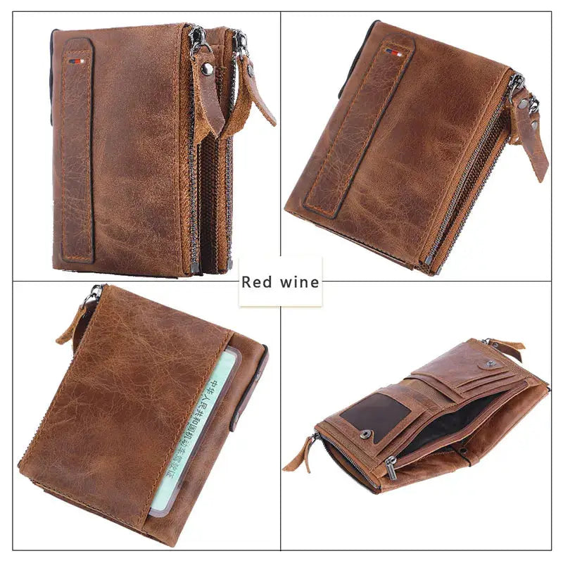Men's leather wallet by Simples Market; genuine cowhide, brown zippered card holder with multiple pockets.
