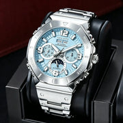 GELATU men's diving wristwatch, stainless steel, blue dial with moon phase, chronograph subdials, automatic
