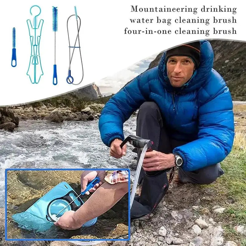 Simples Market hydration water bladder cleaning kit with blue brushes and tools, shown outdoors near a river.