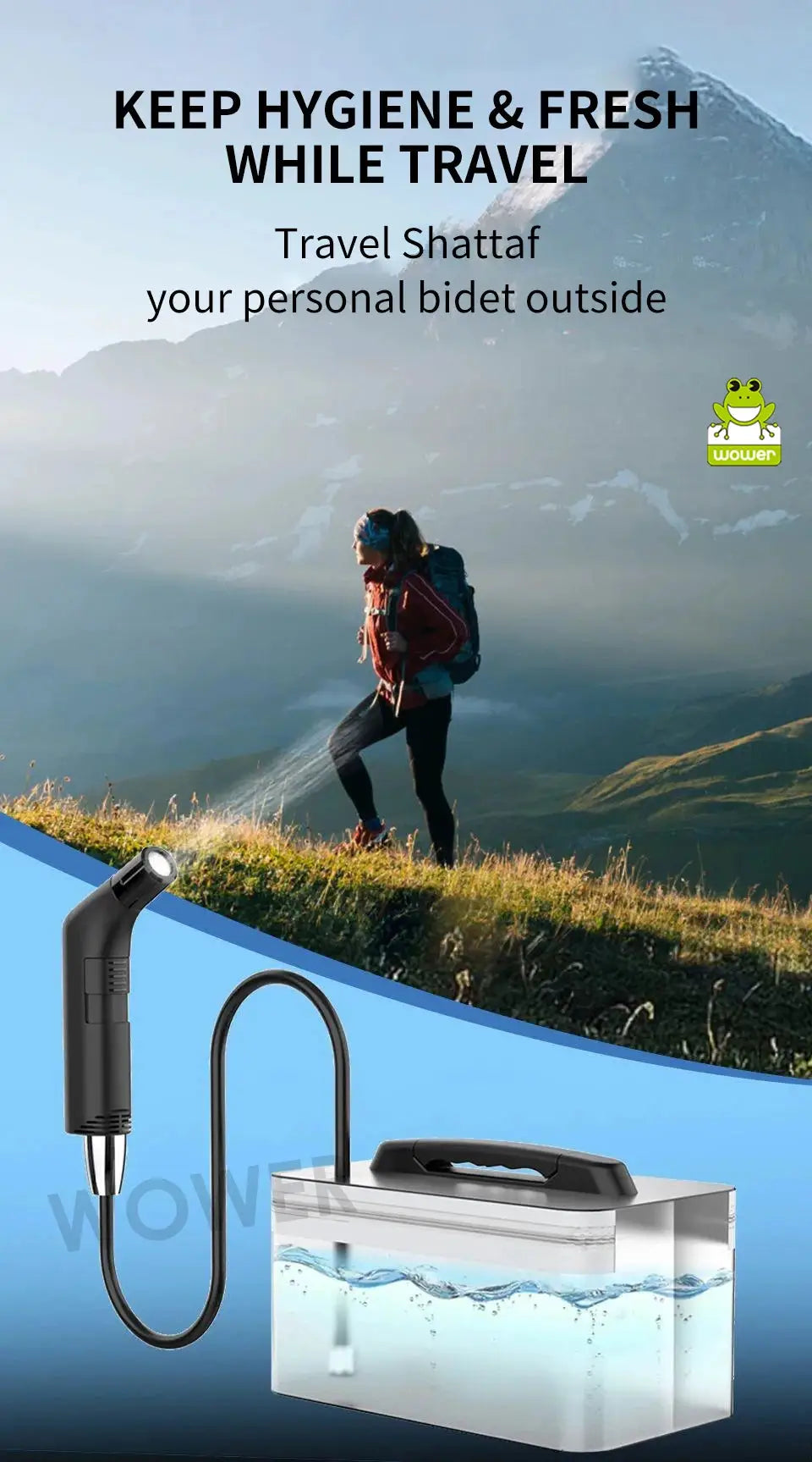 Wower portable electric bidet by Simples Market; 2.3L rechargeable travel Shattaf with black handheld sprayer.