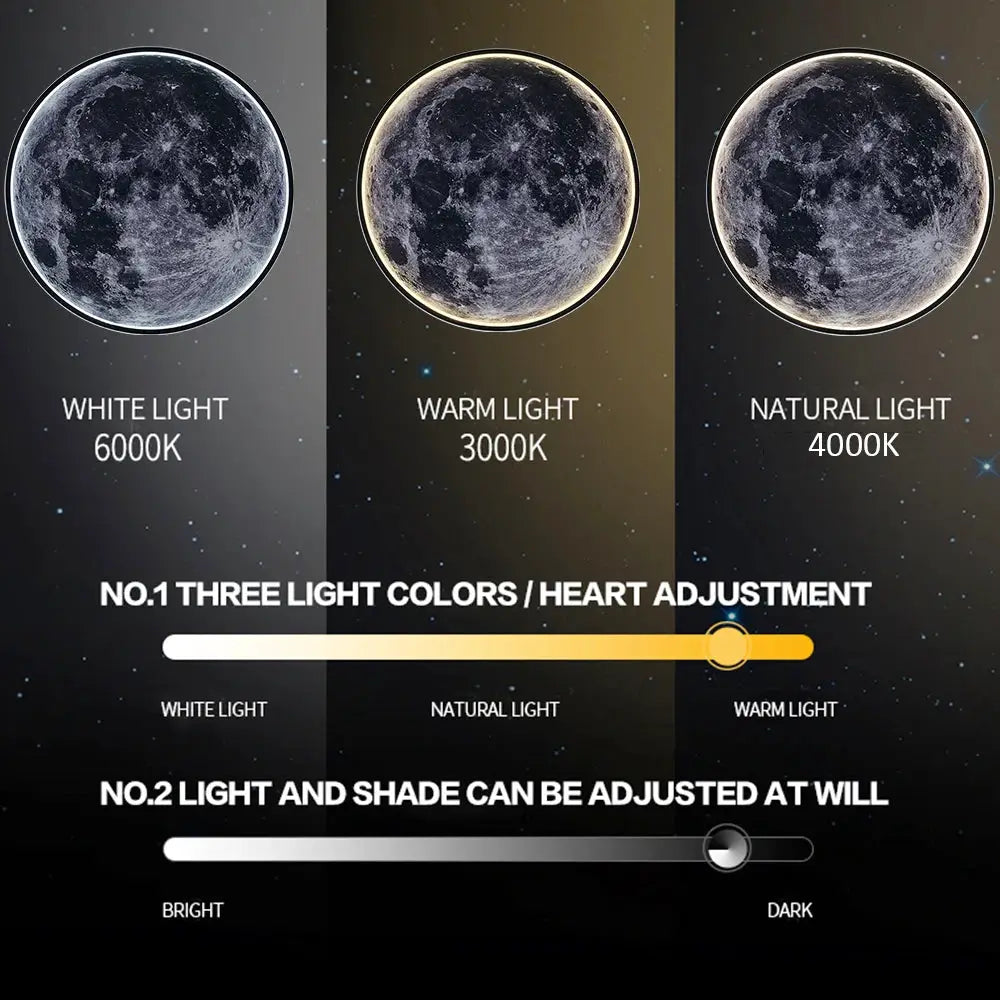 LED Moon Wall Lamp by Simples Market, remote-controlled dimmable moon light with white (6000K), natural (4000K), warm (3000K).