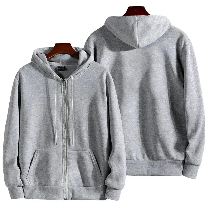 Gray zip-up hoodie sweatshirt with hood, drawstrings and front pockets; back view included.