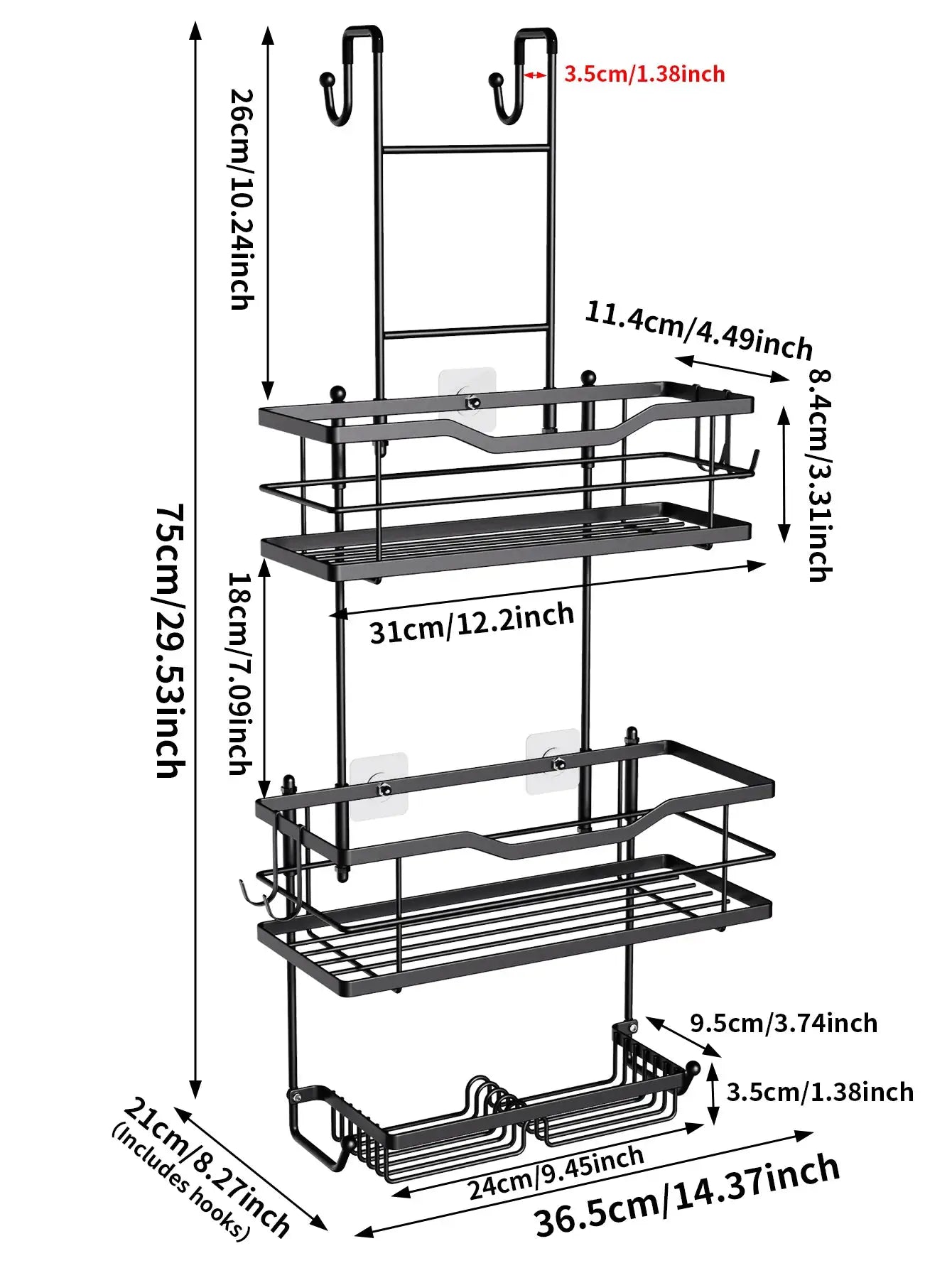 3-tier hanging shower caddy, large capacity, black and silver finish with 2 soap dishes