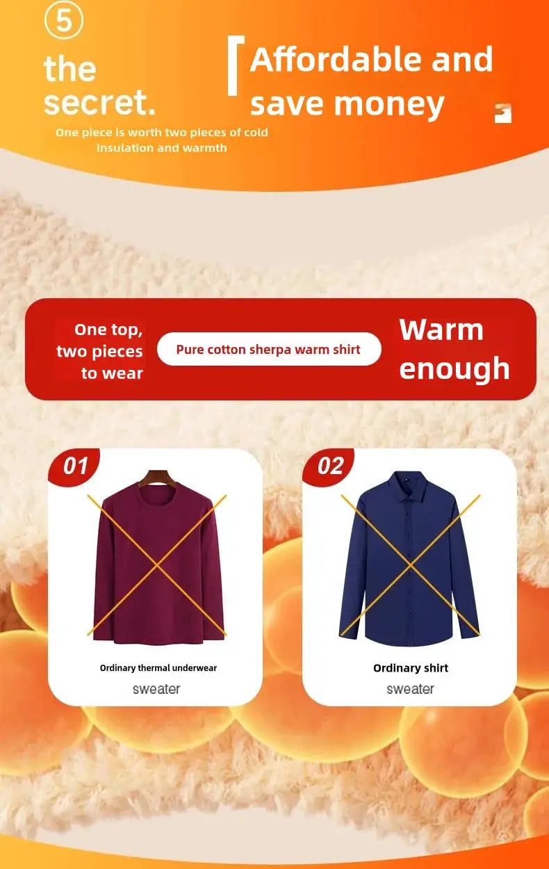 Men's thickened warm fleece top; two sample garments shown: burgundy knit sweater and navy button-down sweater