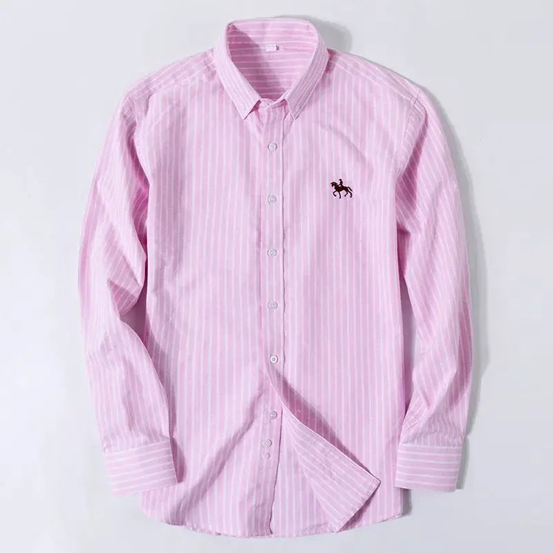Men's pink striped cotton Oxford shirt, long sleeves, chest logo, Simples Market