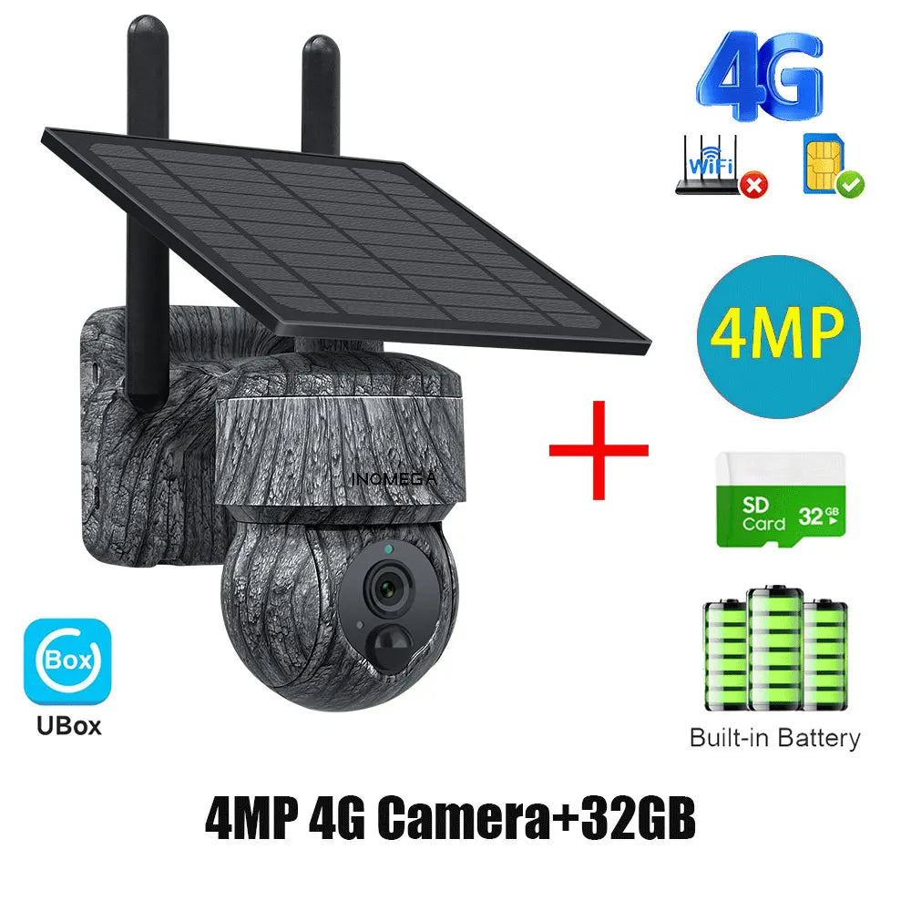 INQMEGA 4MP WIFI solar PTZ camera with built-in battery, solar panel, 4G SIM and 32GB SD Card