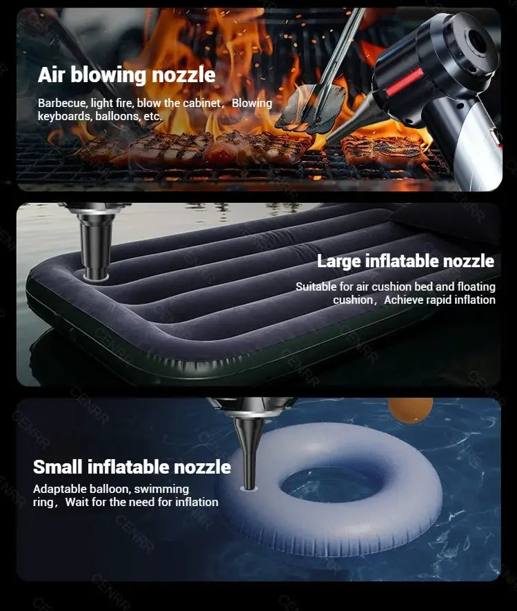 CENRR Mini cordless car vacuum by Simples Market with 3 nozzles: air blowing, large inflatable, small inflatable