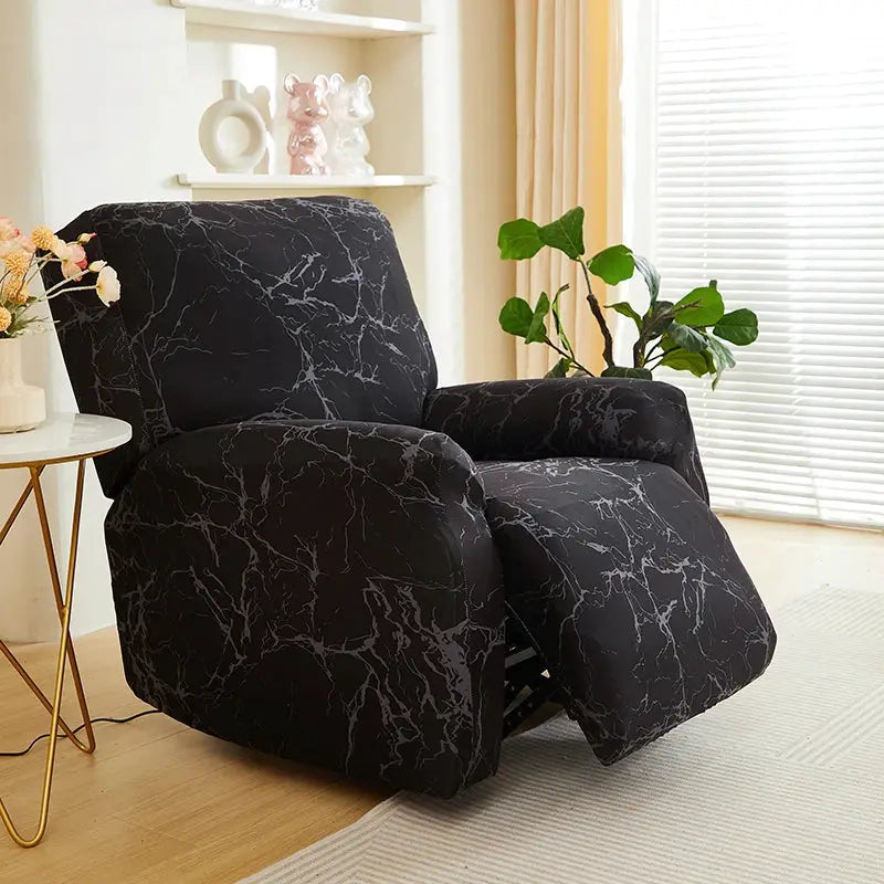 Recliner cover in black marble pattern; stretchy couch chair cover for 1–3 seat recliners.
