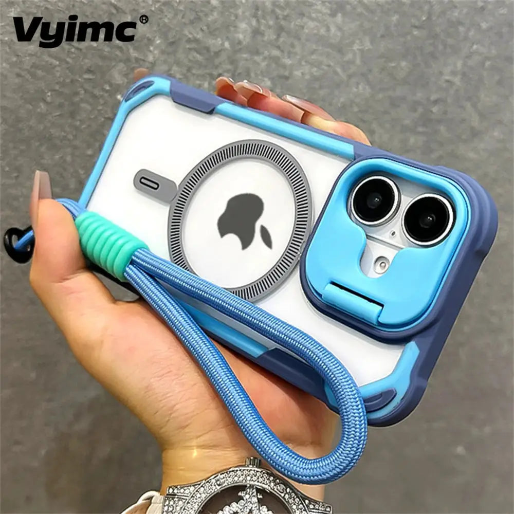 Armor Candy Color Clash MagSafe iPhone case with wrist strap, blue dual-tone rugged back cover