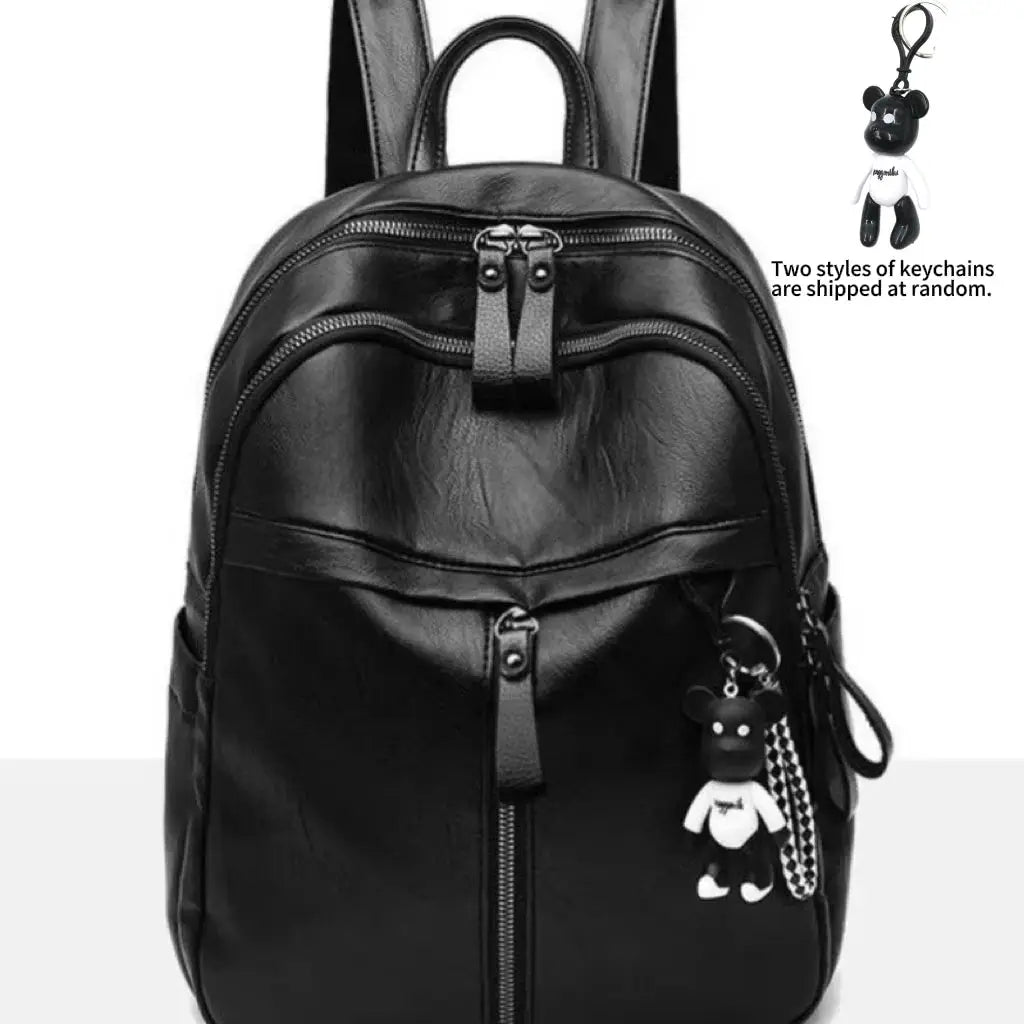 Backpack Simples Market black leather with bear keychain charm