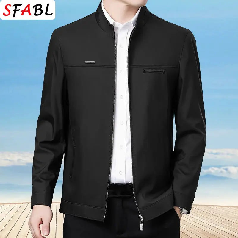 Men's black casual blazer with front zipper, stand collar, chest zip pockets - Simples Market