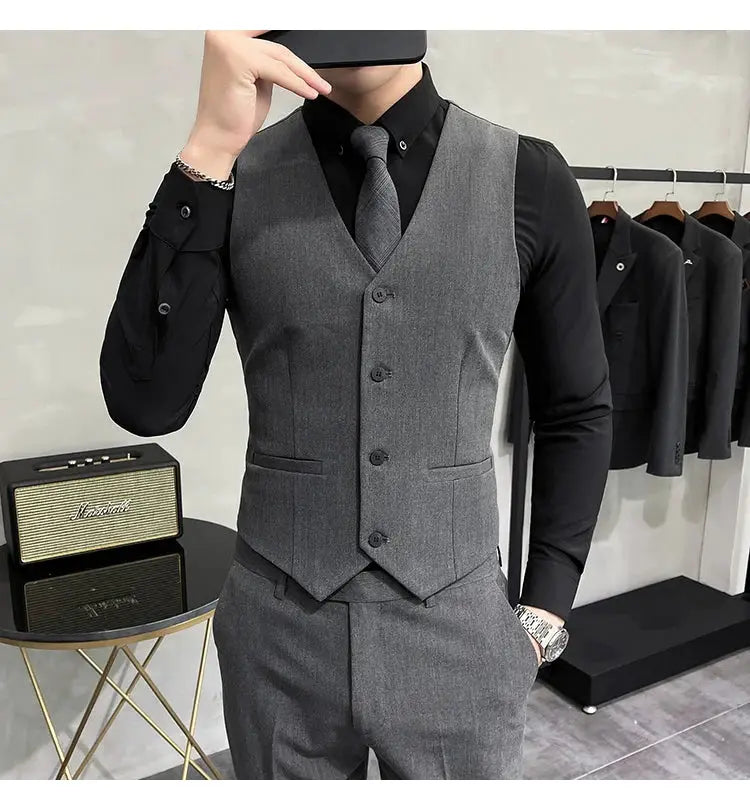 Gray waistcoat vest with matching trousers worn over a black dress shirt and tie.