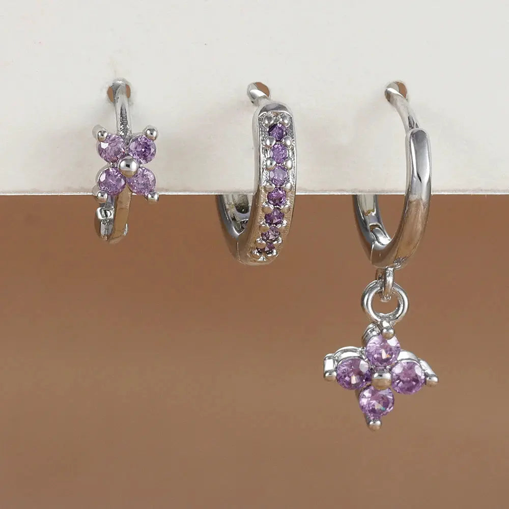 3Pcs Trendy Stainless Steel Flower Drop Earrings Set For Women Crystal Zirconia Dangle Hypoallergenic Piercing Jewelry