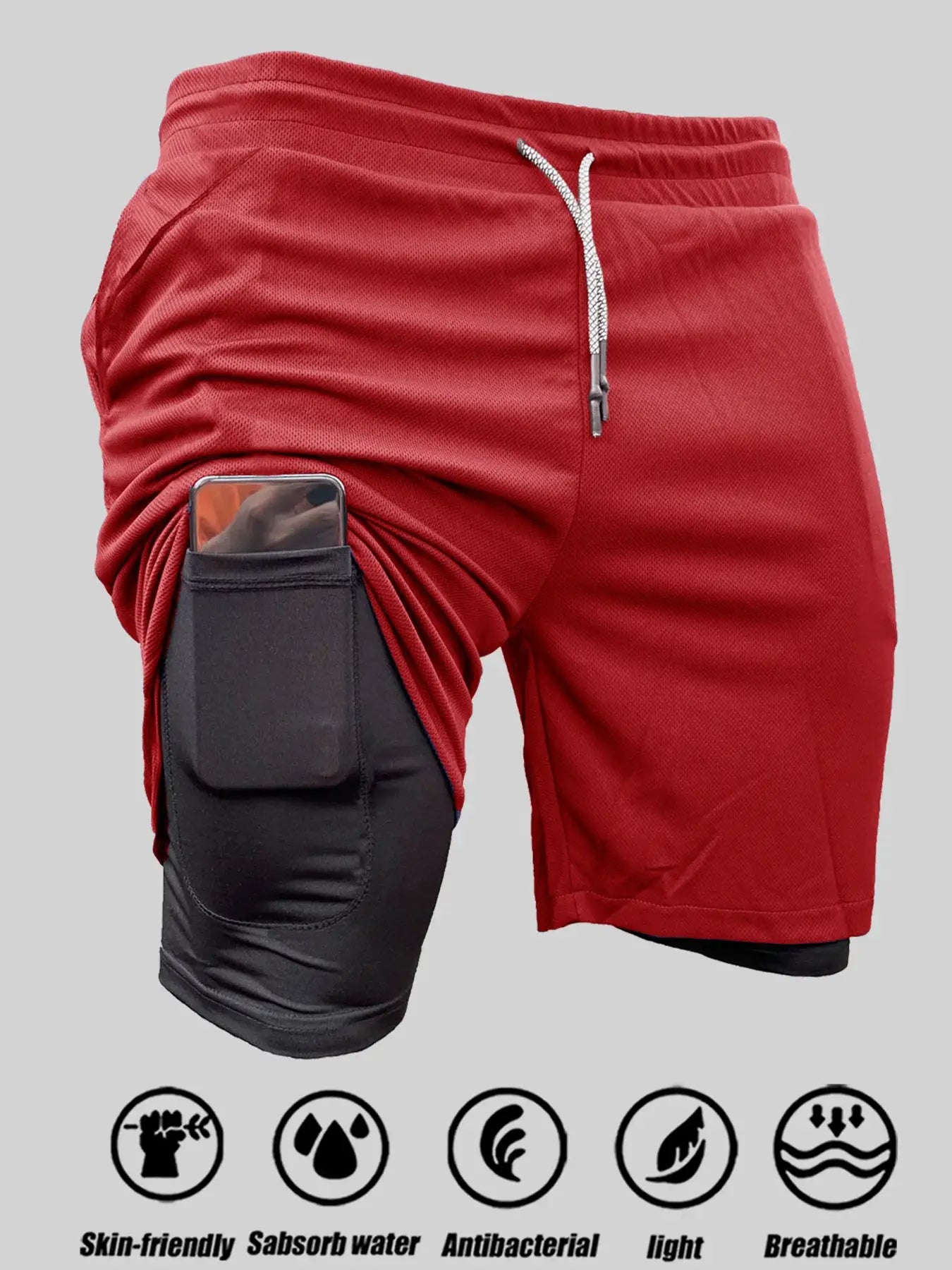 Men's 2-in-1 sport shorts, red outer with black inner liner and phone pocket