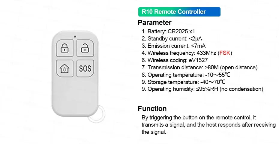 R10 remote controller, white with four square buttons and a wrist strap loop, for home alarm system