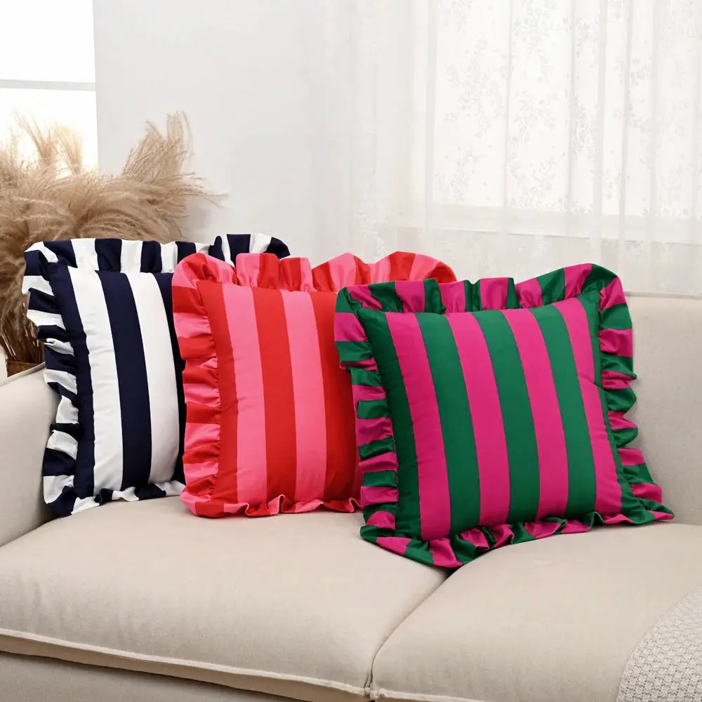 Velvet striped pillowcases with ruffled edges, 18x18in, set of 3 in navy/white, pink/red, and green/magenta