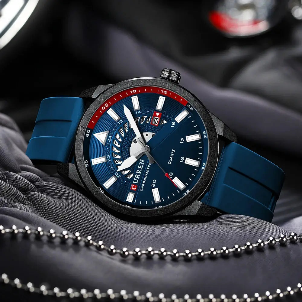Curren men's fashion watch with blue dial, red bezel, and blue silicone strap
