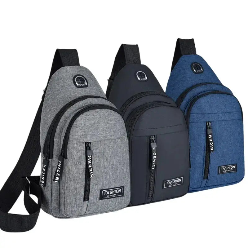 Simples Market 3-pack multifunctional chest bags in gray, black and blue; Oxford cloth, waterproof crossbody shoulder bags.