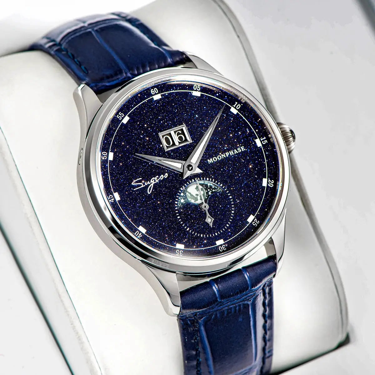 Sugess Moonphase men's watch, 316L stainless steel case, deep blue starry dial, blue leather strap.
