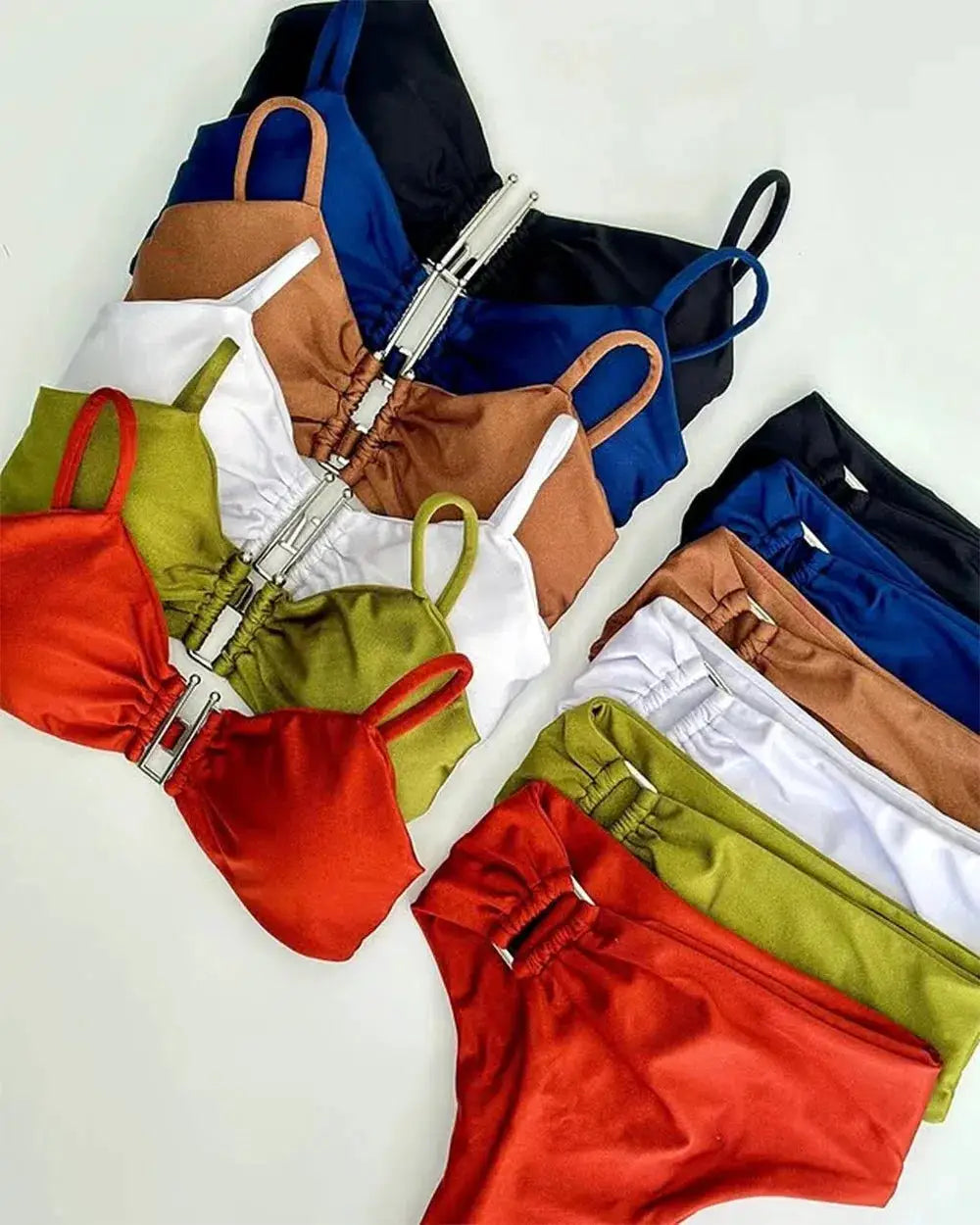 Bandeau bikini sets in solid colors displayed together; several colors include red, olive, lime, white, blue, black.