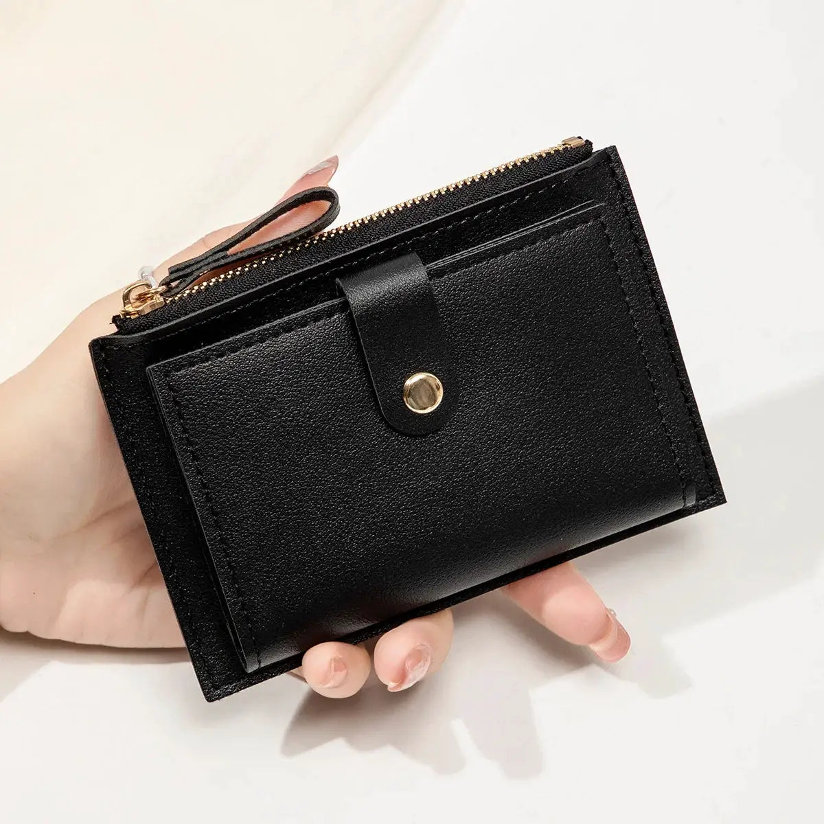 Minimalist ultra-thin black PU leather card wallet by Simples Market with gold zipper