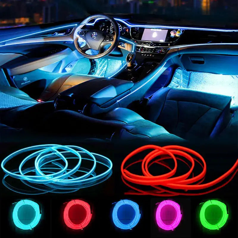 1M 3M 5M Neon LED Car Interior Decorative Lamp Strips USB Powered DIY Dashboard Console Ambient Cool Light