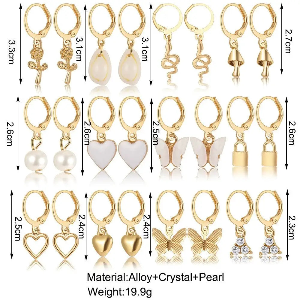 18 Pairs Women Earrings Featuring Snake Butterfly Mushroom Lock Diamond Encrusted Zircon Pearl Love Earrings Collection
