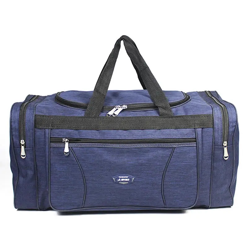 Men's travel duffle bag in blue Oxford fabric with front zip pocket and large capacity.