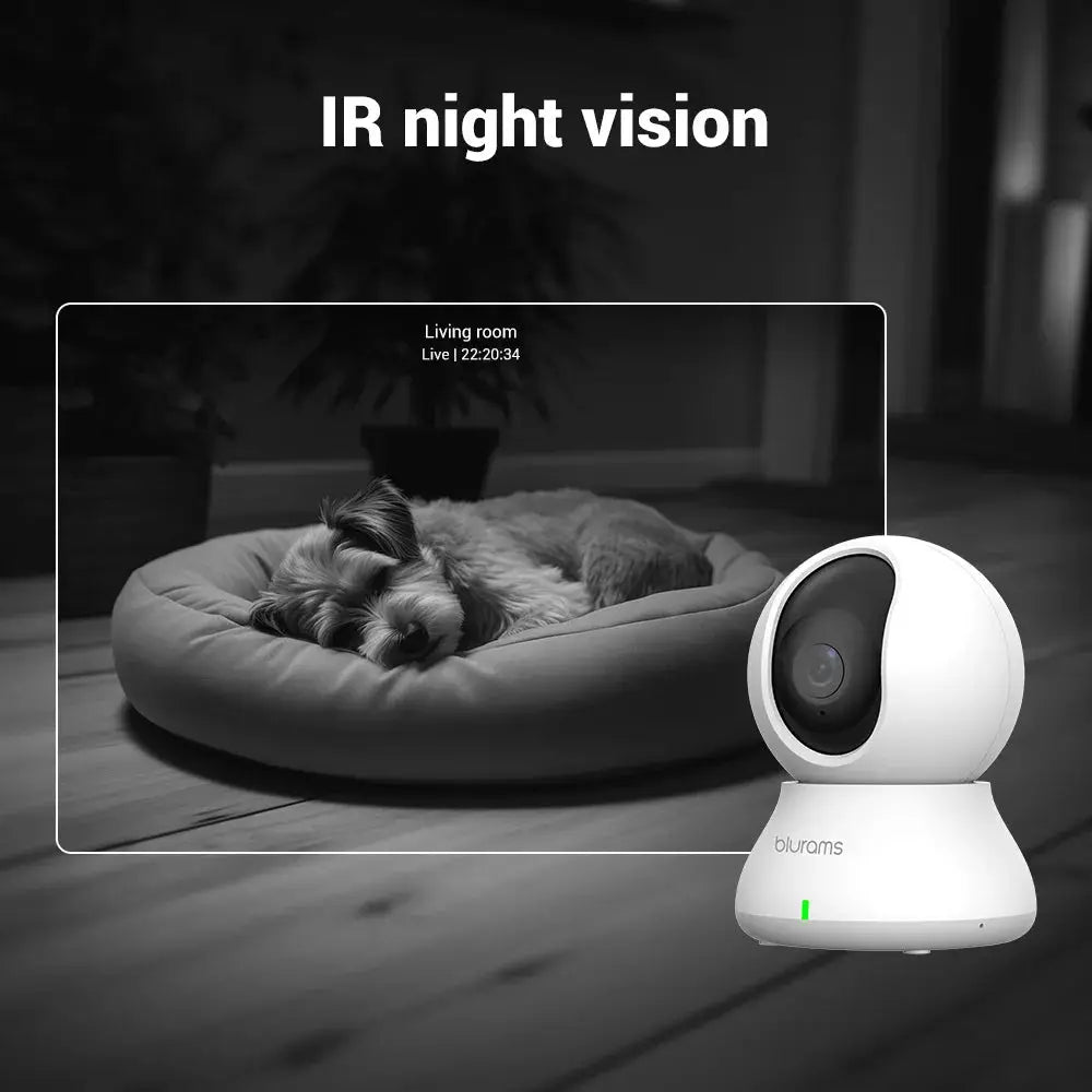 Blurams indoor security camera, white spherical unit with base, night vision, 2K 360° PTZ for home security