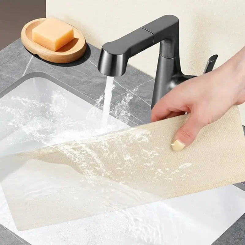 Beige fabric drawer liner being rinsed under running water in a kitchen sink