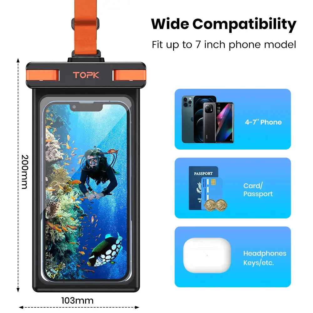 Topk Waterproof Phone Pouch IPX8 Underwater Case With Touchscreen Access For Phones Up To 7 Inches