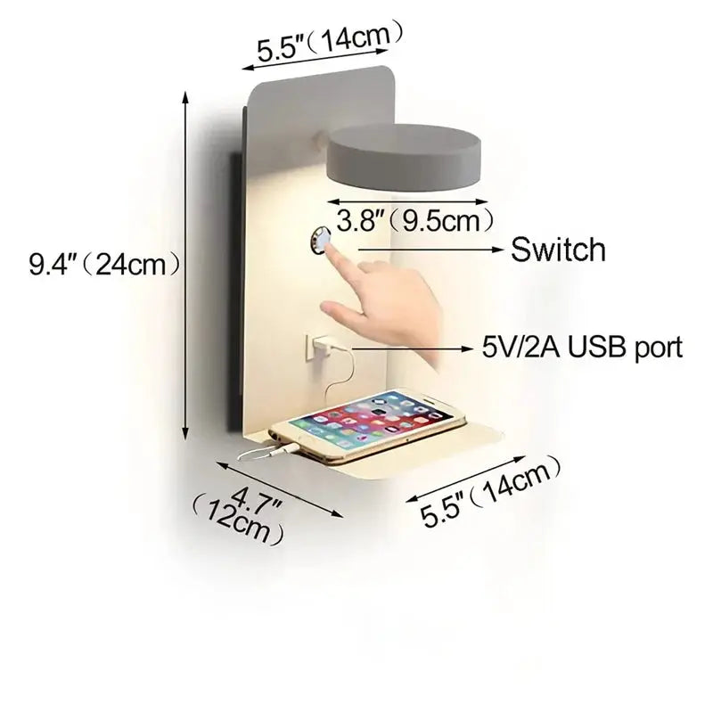 Bedroom LED wall lamp with USB charging by Simples Market, white modern sconce with switch and shelf
