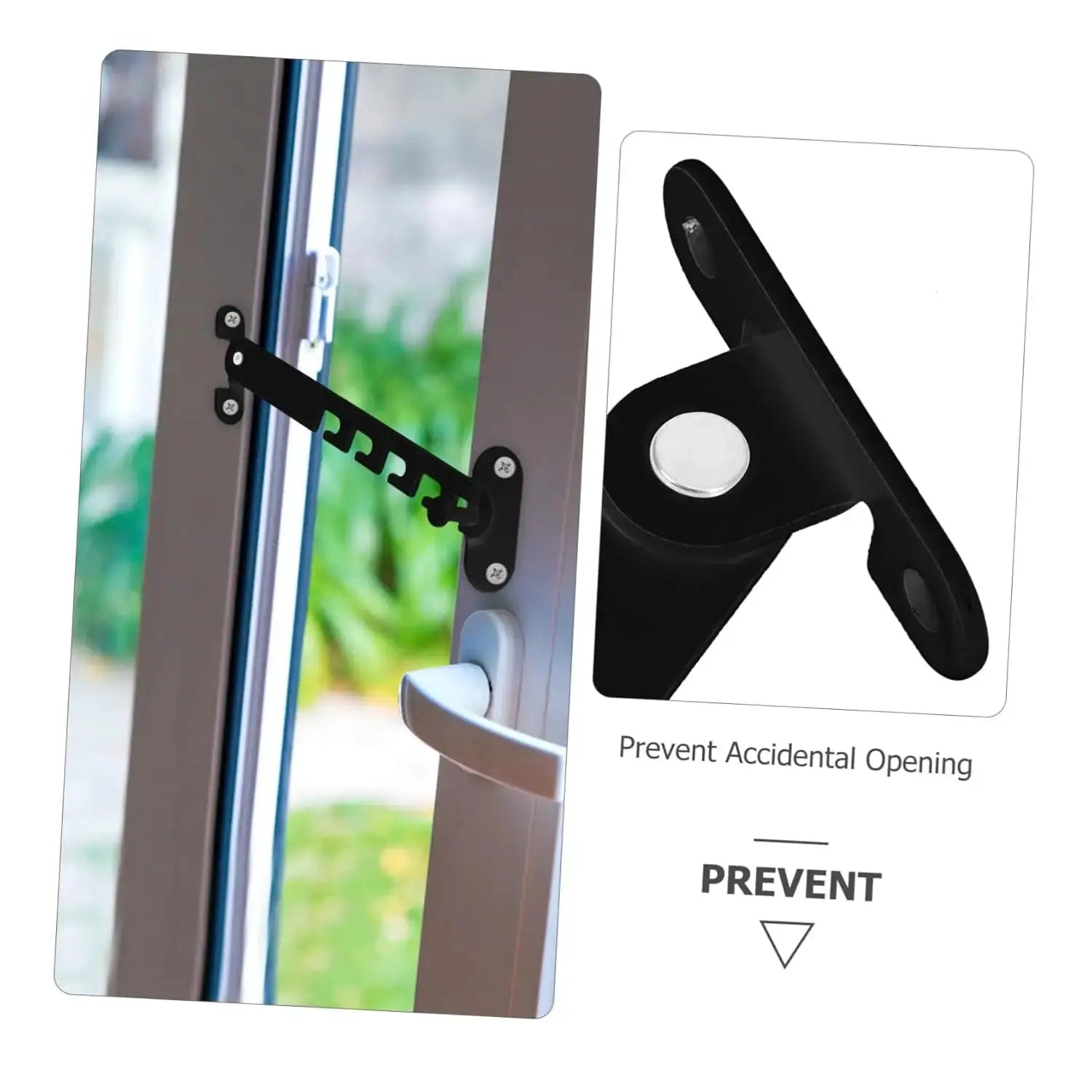 Window safety latch by Simples Market; adjustable black metal hook bar for childproofing