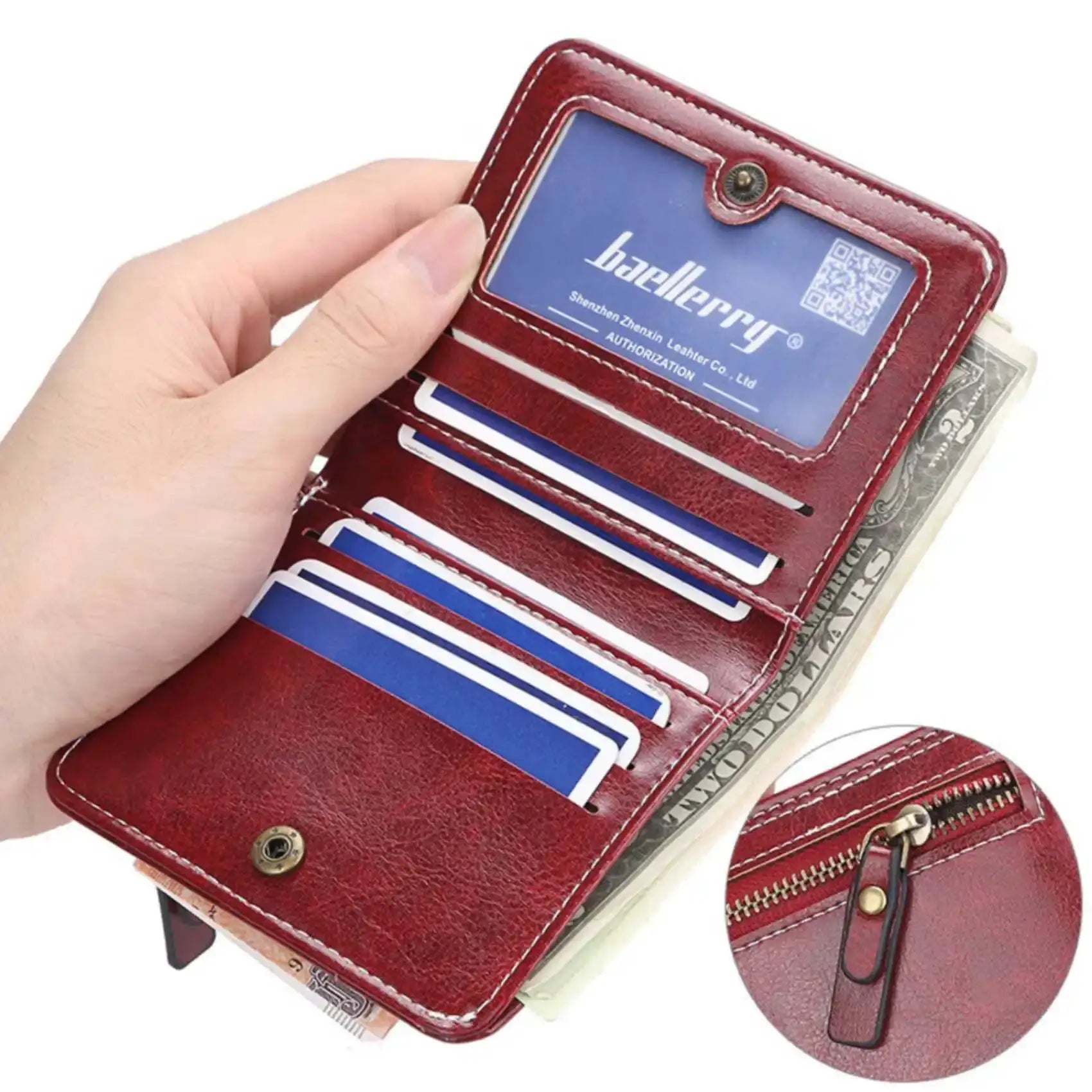 Women's red oil-wax PU wallet with multiple card slots and a zippered coin pouch
