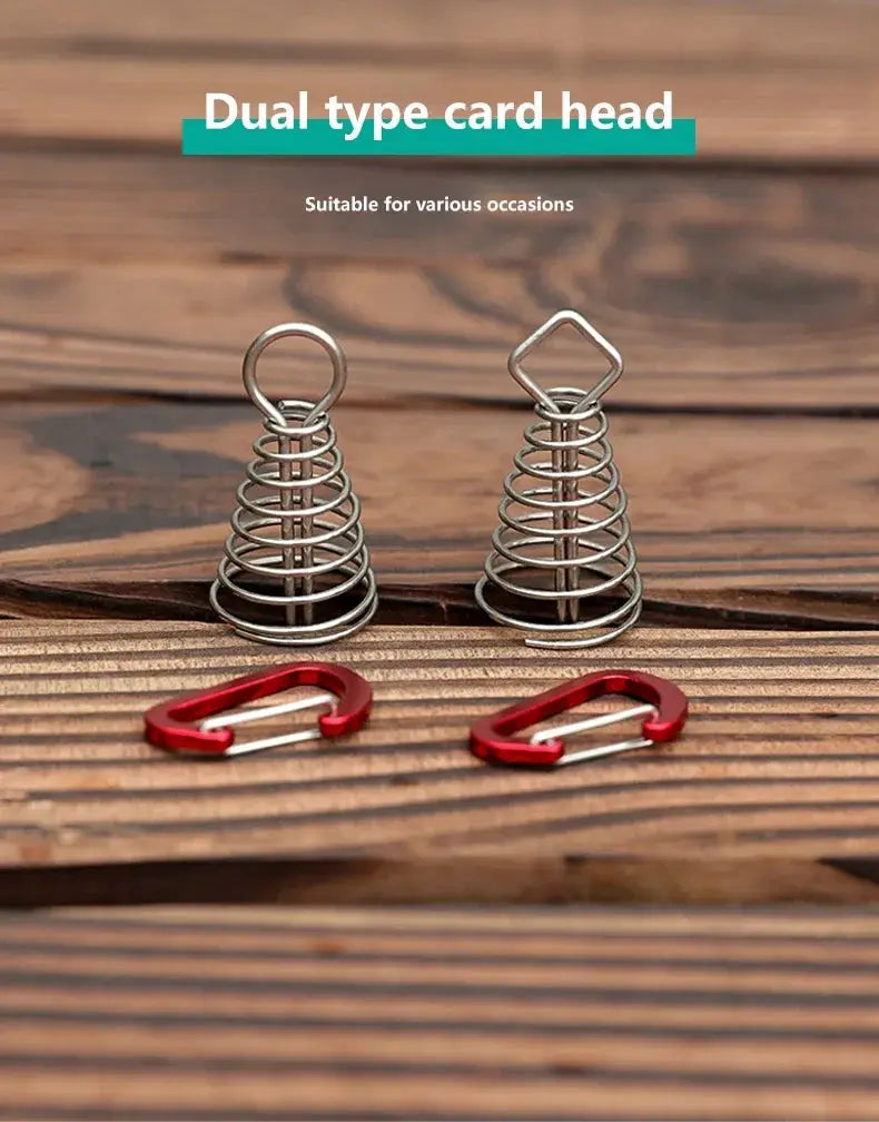 Outdoor camping rope buckle pair with stainless steel springs and red carabiners