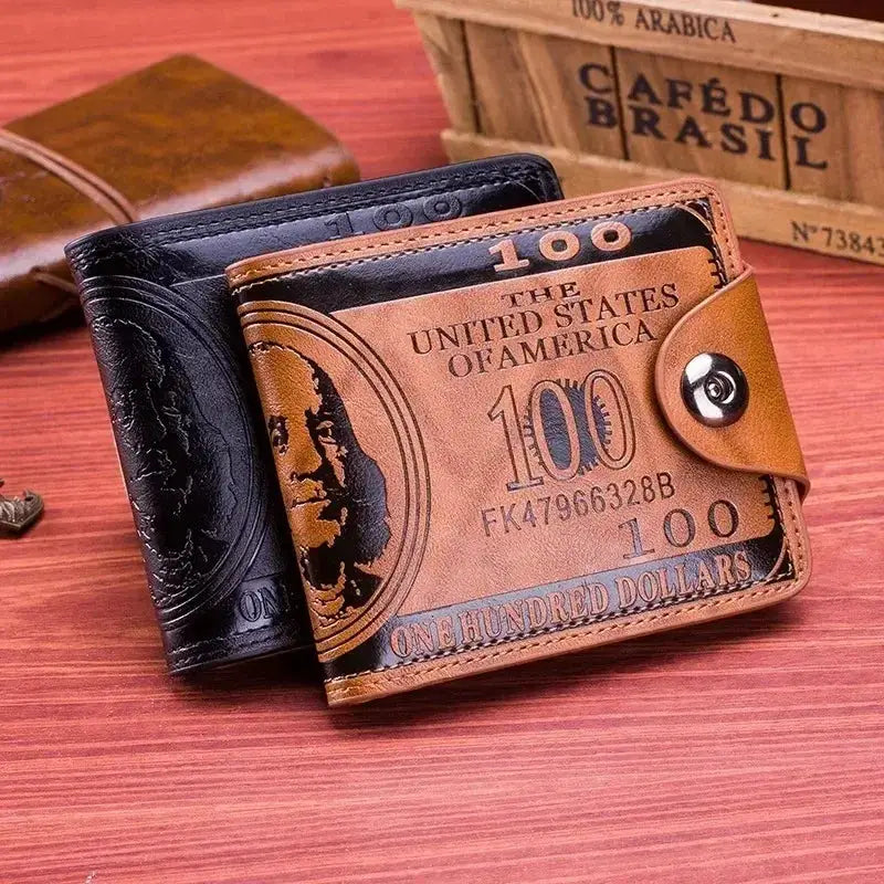 Two Simples Market men's slim bifold leather wallets with money-print US bill design; tan and black, RFID blocking.