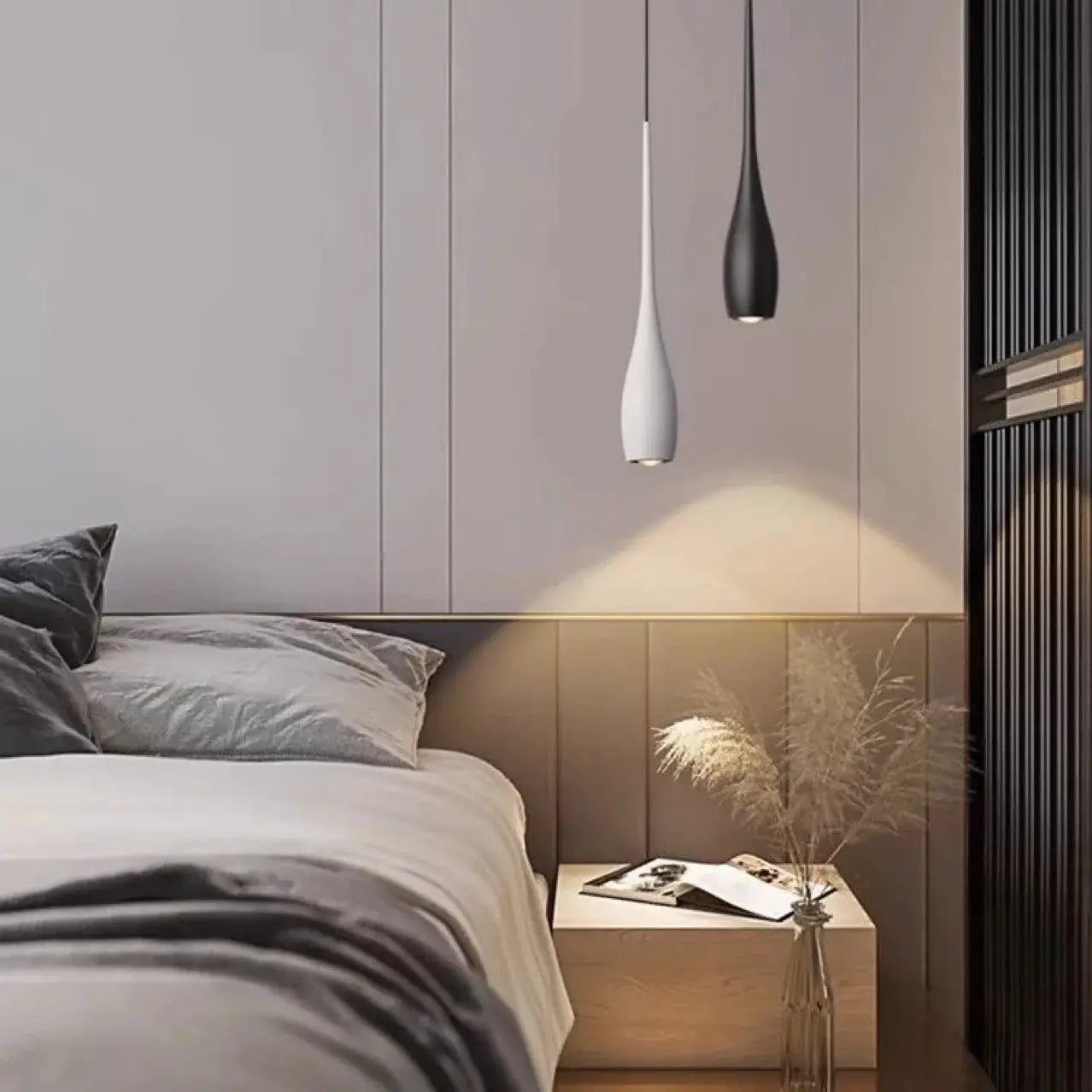 MARPOU LED pendant lights (2) white and black, adjustable height, touch switch for modern minimalist bedside lights