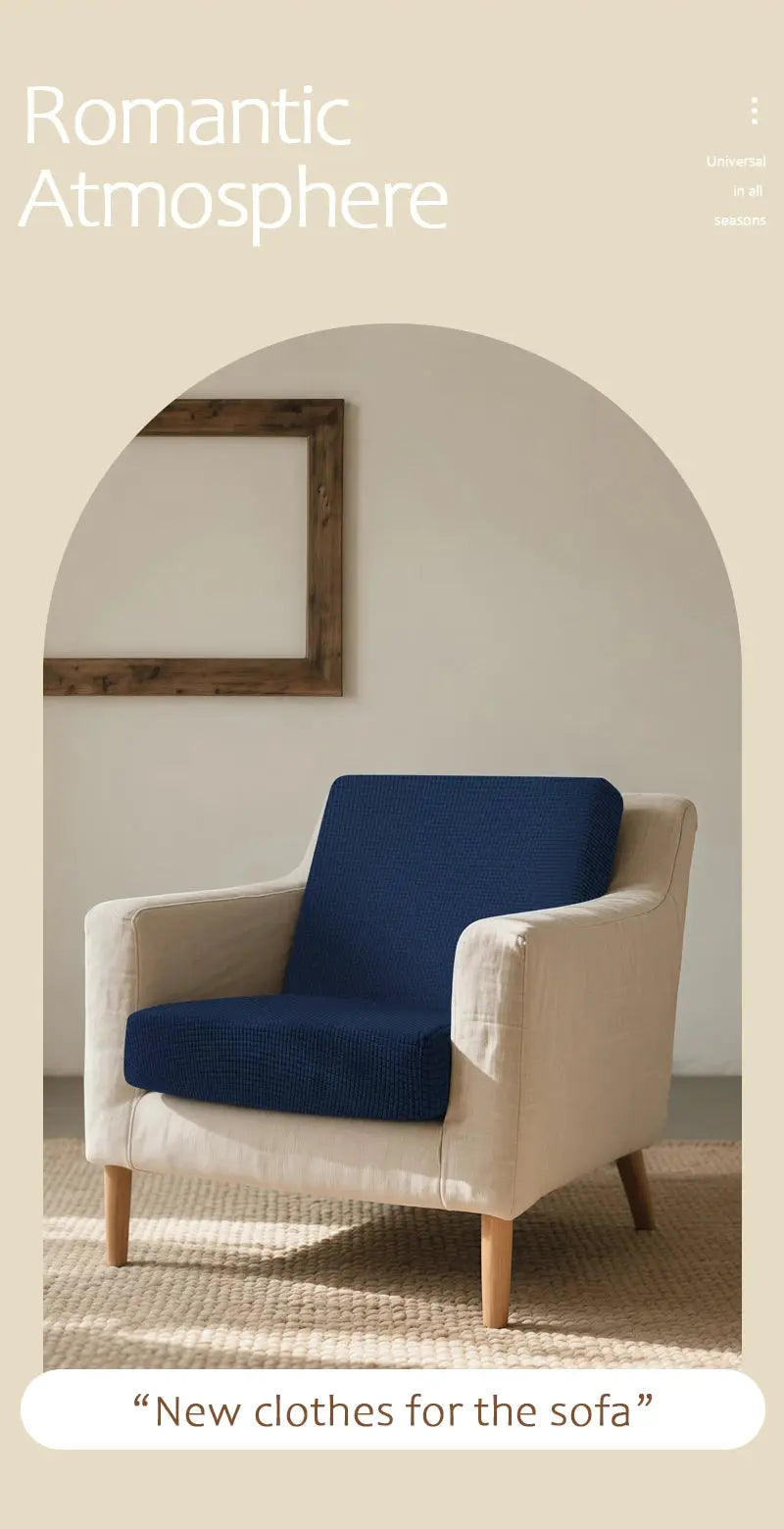 Sofa cushion cover set in blue jacquard by Simples Market on beige armchair; waterproof slipcover.