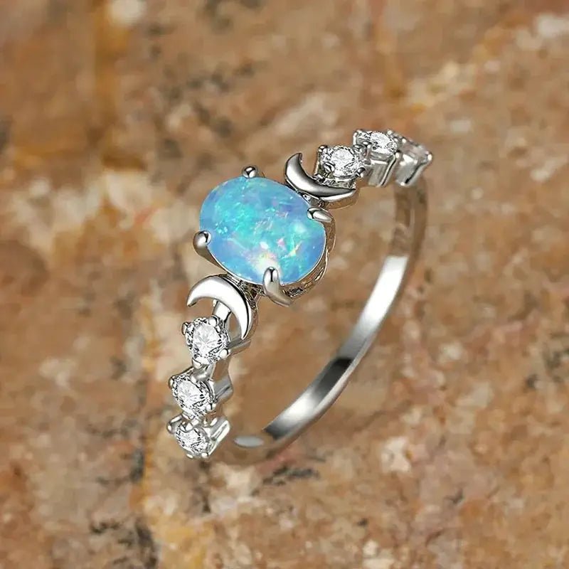 Huitan Blue White Imitation Opal Moon Rings For Women Brass Cubic Zirconia Jewelry Wedding Accessories Anniversary Gift - Simples Market