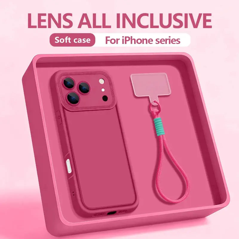 Wrist strap lanyard TPU phone case for iPhone series, pink with turquoise cord