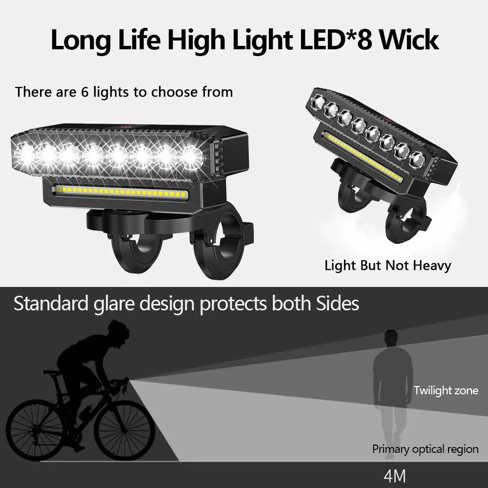 USB Rechargeable Bike Front Light With 120dB Horn Waterproof 6 Lighting Modes Bicycle Bell Easy To Install