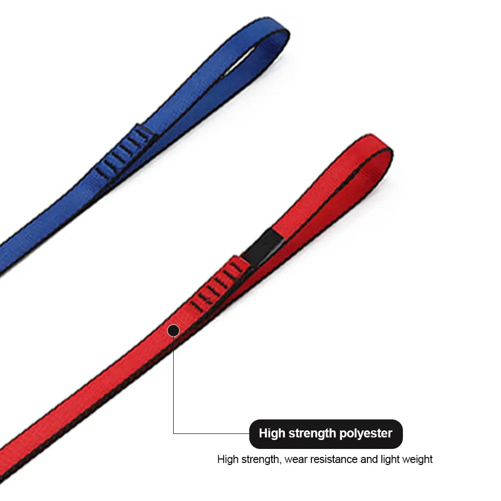 2 blue and red climbing sling runners by Simples Market with high-strength polyester webbing and 22KN rating