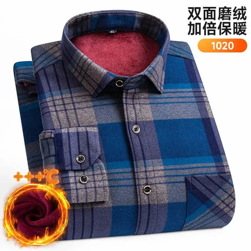 Men's thickened fleece plaid shirt by Simples Market, blue plaid with red fleece lining, double-sided warmth, 7XL-8XL