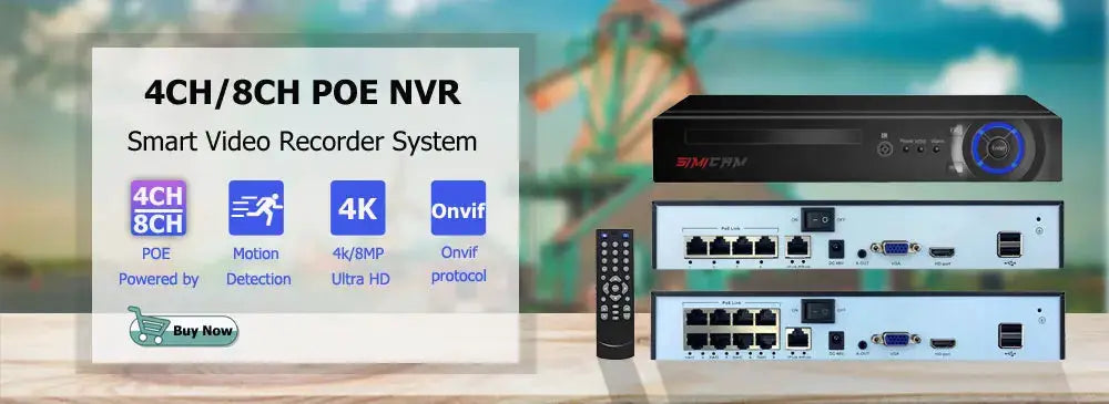 Simples Market 4K POE NVR surveillance system with black recorder unit and remote