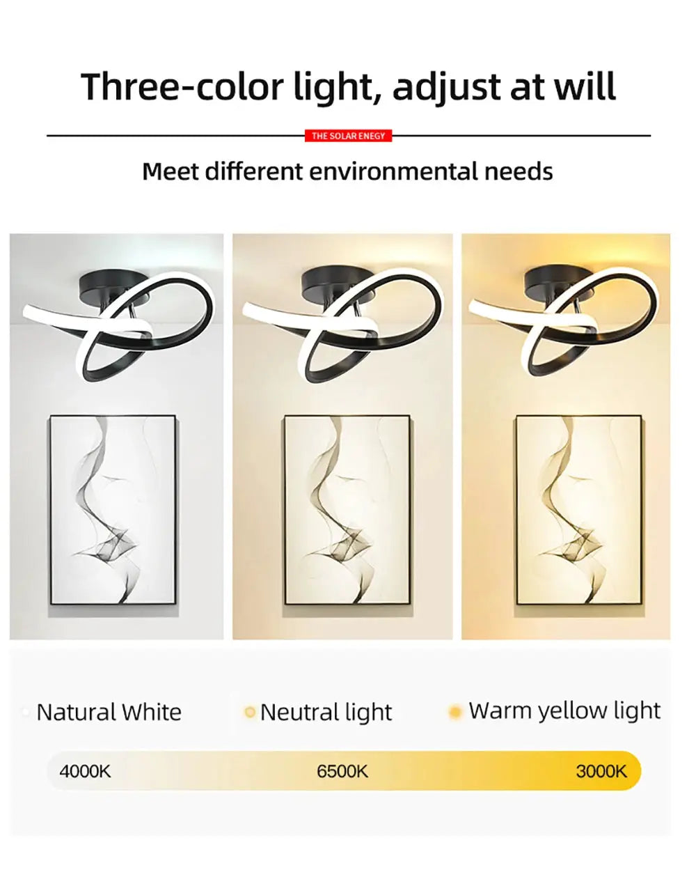 Modern LED ceiling light with triple-loop design; surface-mounted; shows natural white, neutral, warm yellow.