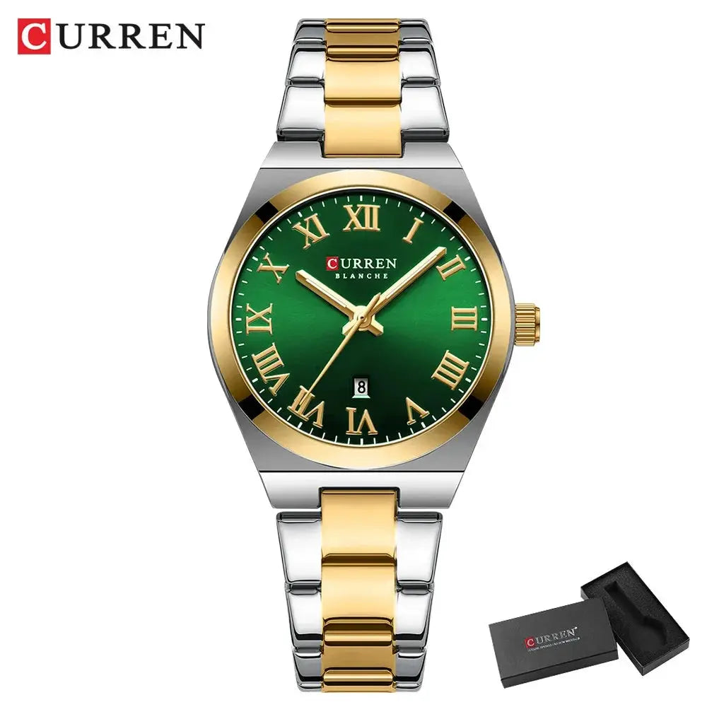 Curren women's stainless steel watch with green dial, gold bezel, two-tone bracelet and date window