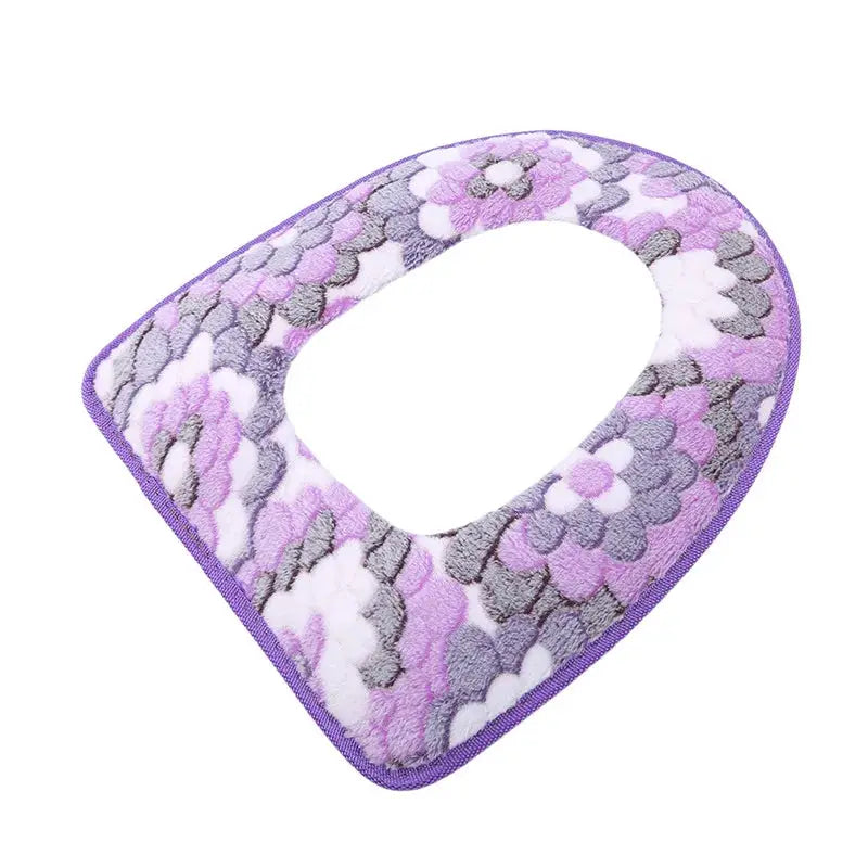 Toilet seat cover plush ring cushion, purple floral pattern, waterproof bathroom mat.