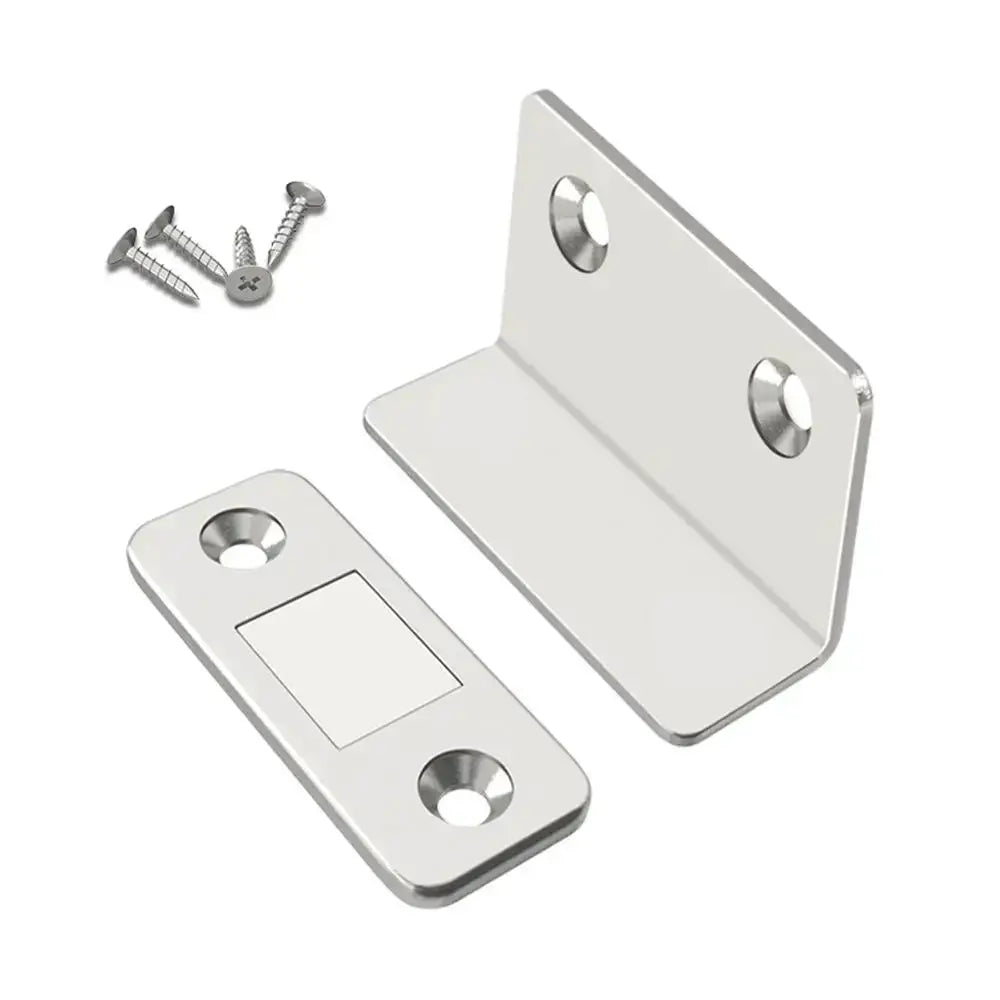 Simples Market L-Type magnetic cabinet door catch set, silver finish with two mounting brackets and screws