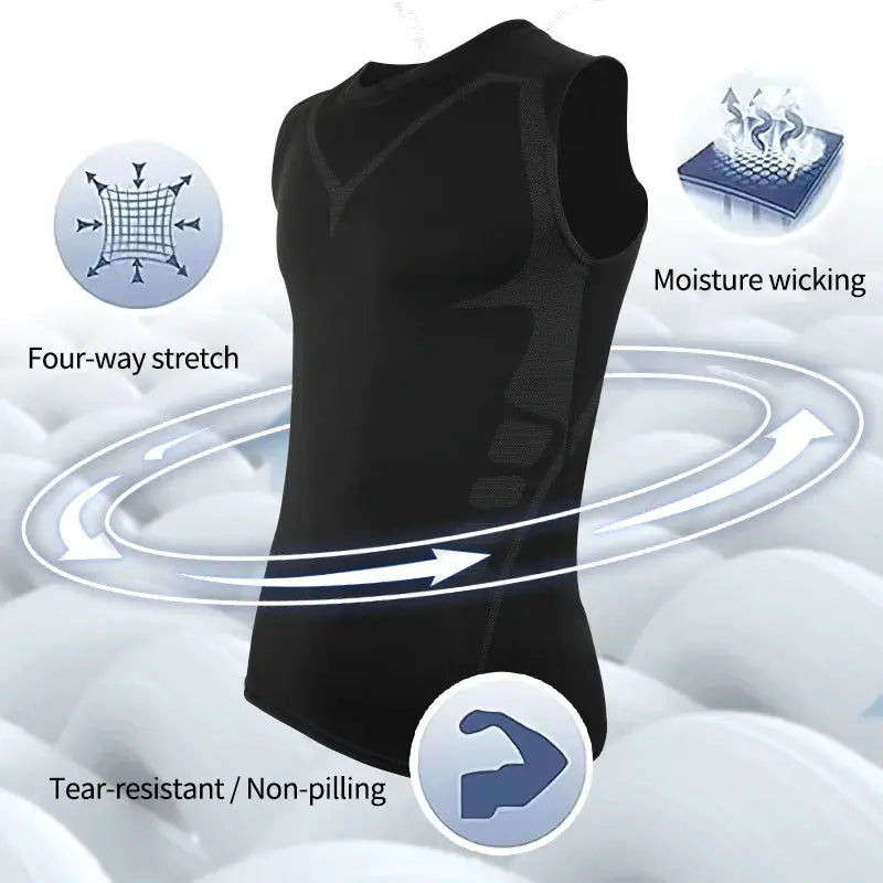 Men's shapewear compression vest tank top, black, breathable, four-way stretch, moisture-wicking
